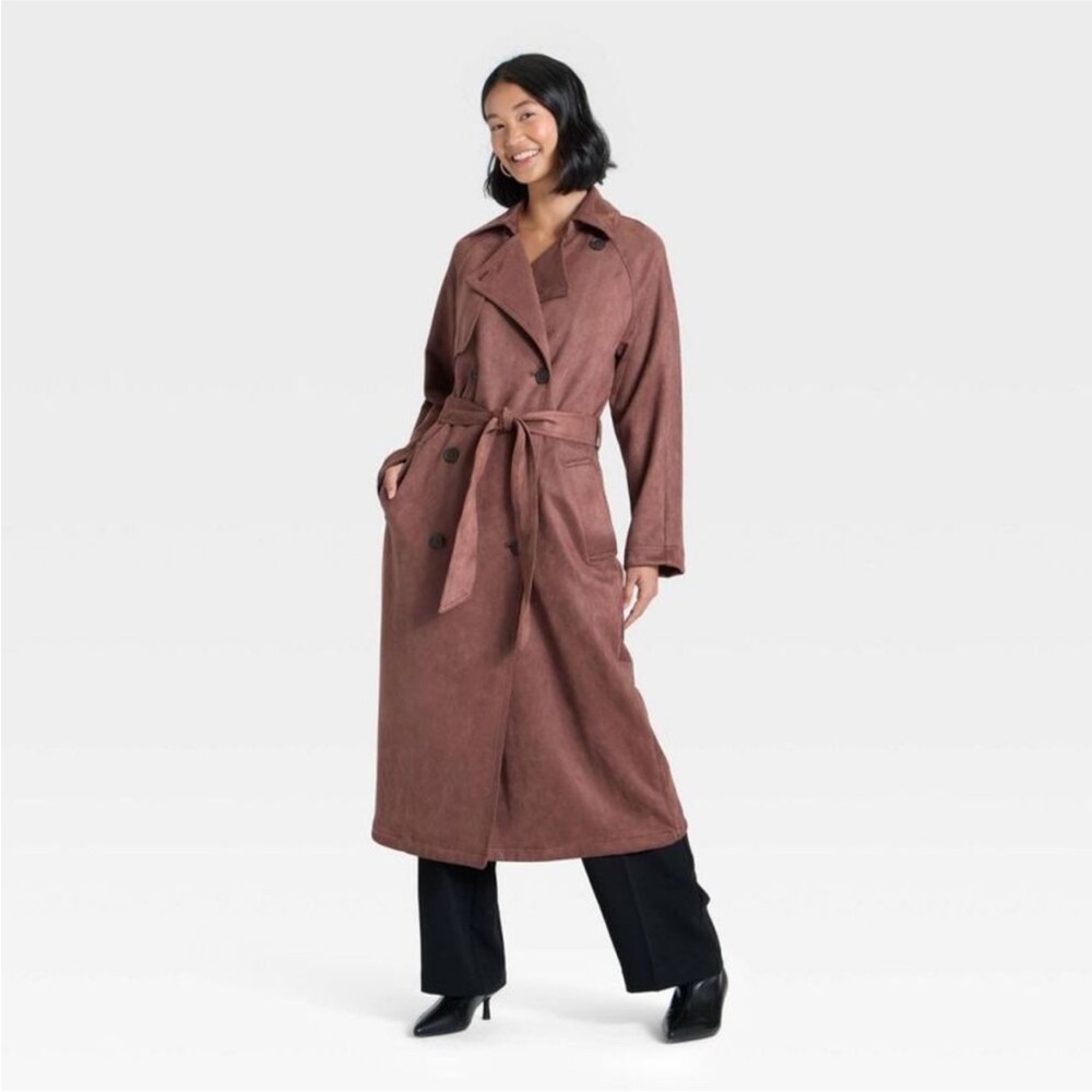 Faux Suede Brown Trench Coat with Tie Belt